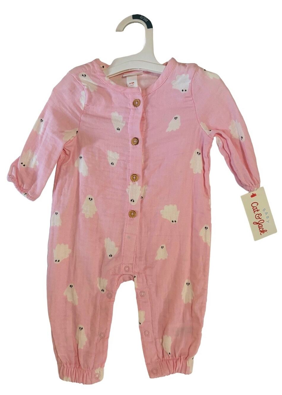 Cat & Jack Baby Girls 0-3M Pink Ghost Halloween Muslin Romper One Piece NWT